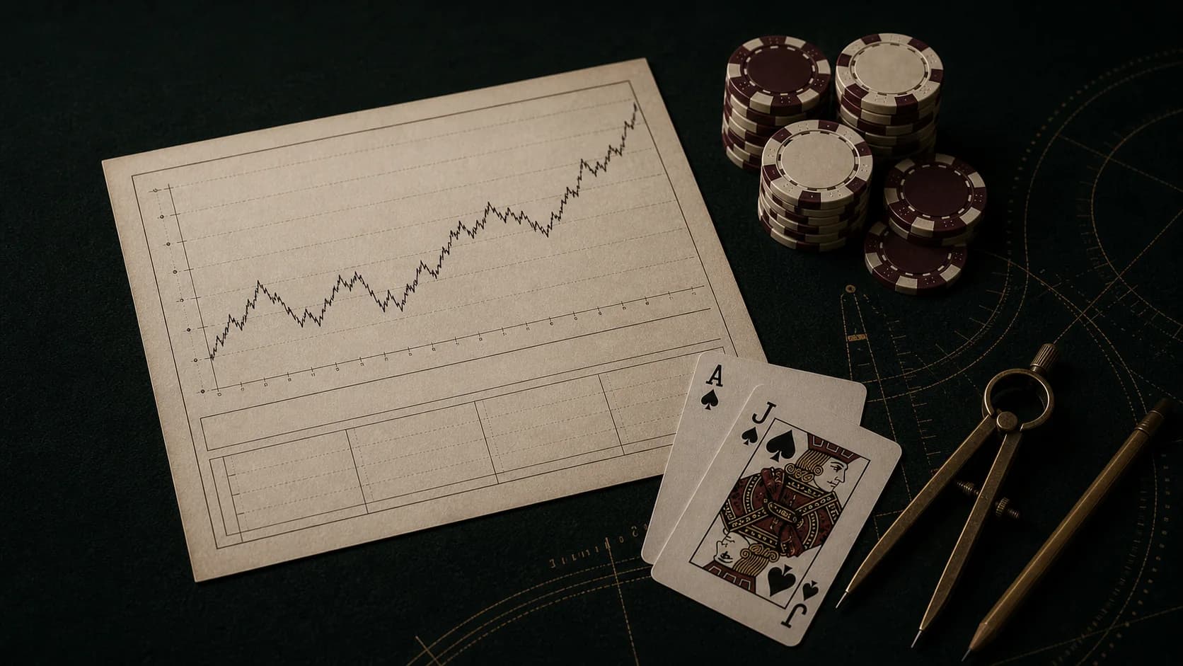 Overhead blackjack bankroll ledger with a variance curve, cards, chips and brass drafting tools.