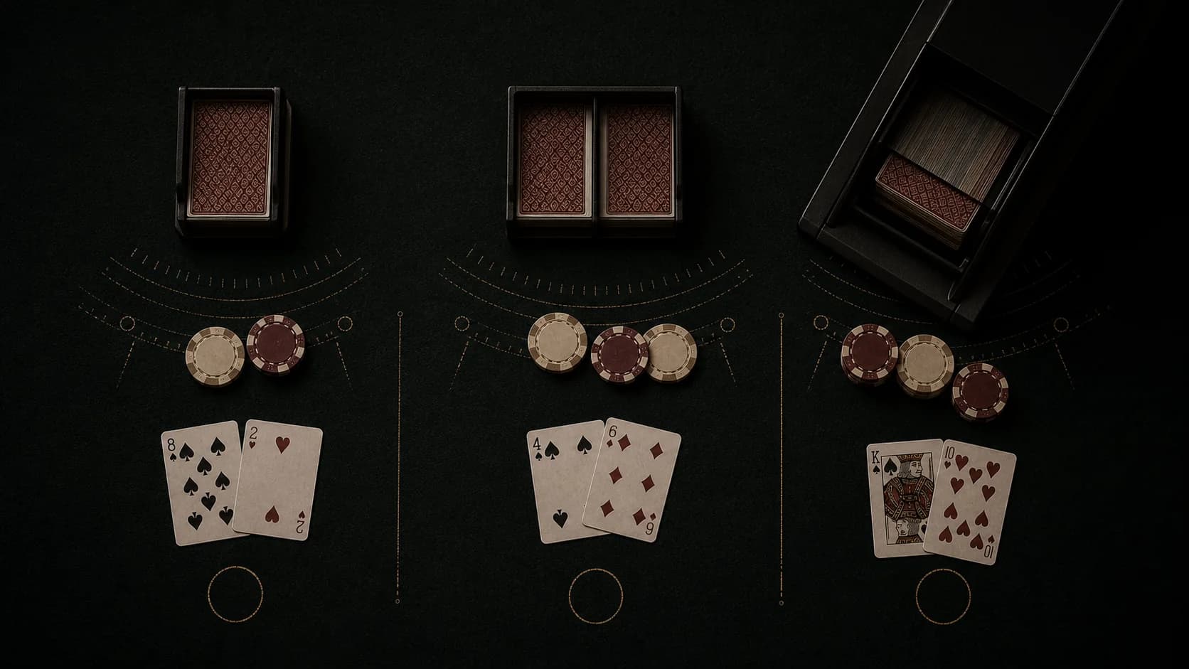 Overhead comparison of single-deck, double-deck and multi-deck blackjack tables on dark green felt.