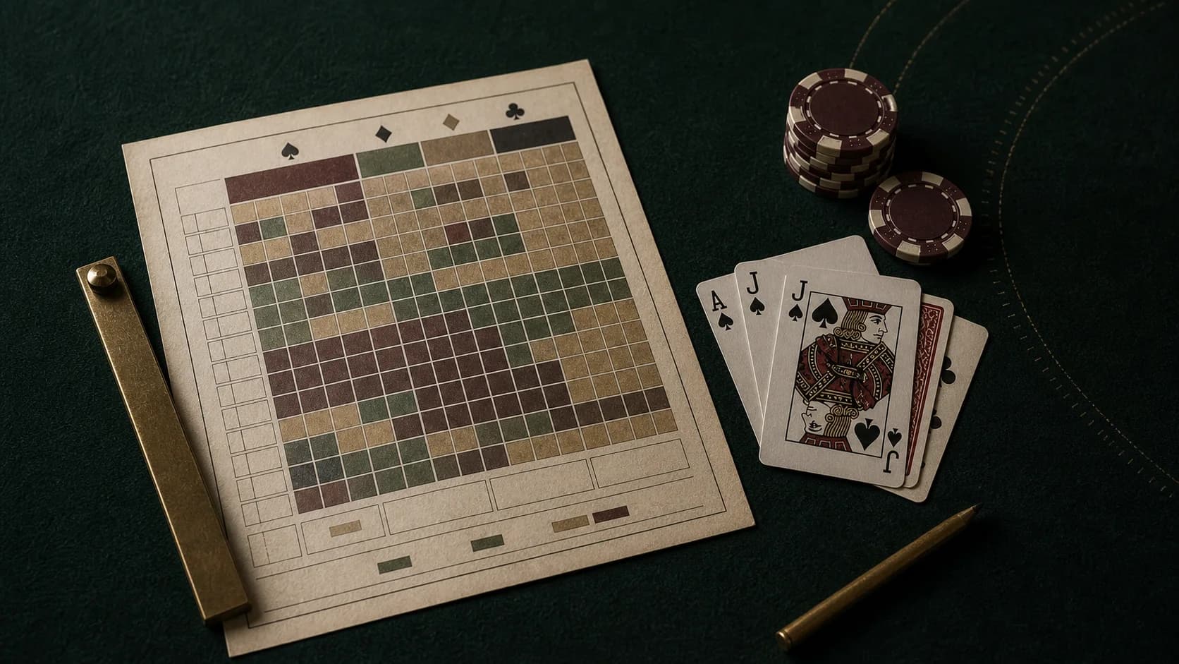 Overhead blackjack strategy worksheet with playing cards and chips on green felt.